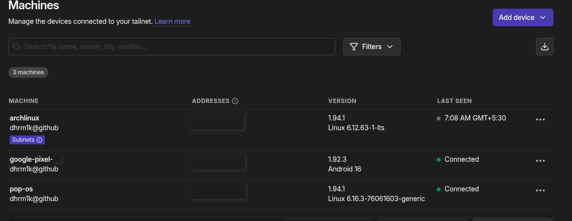 tailscale dashboard after i added my devices